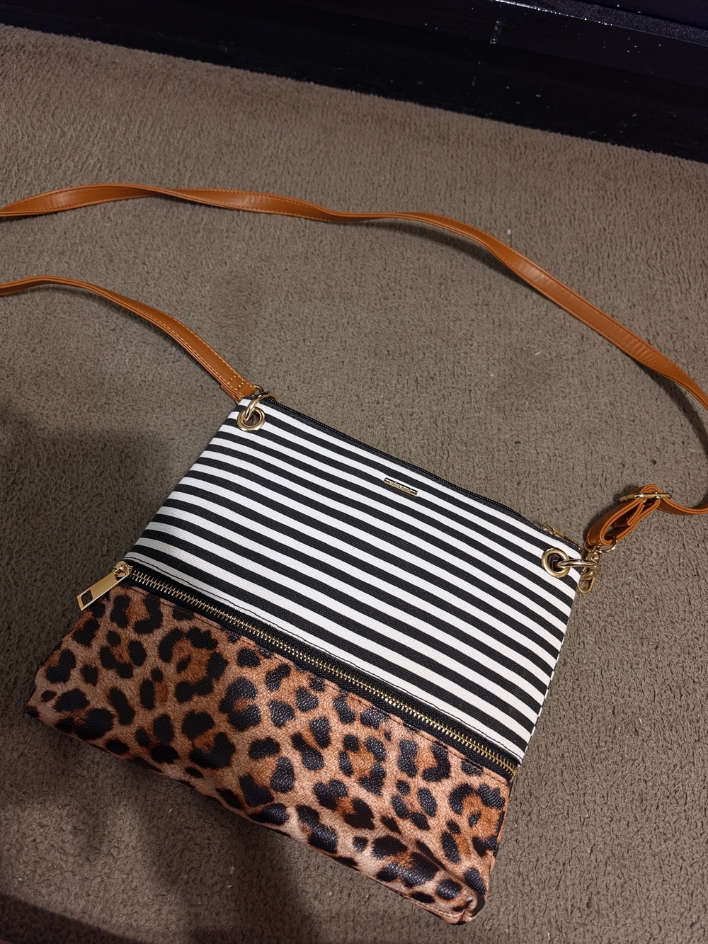 Striped & Leopard Crossbody Bag in Black, White & Brown
